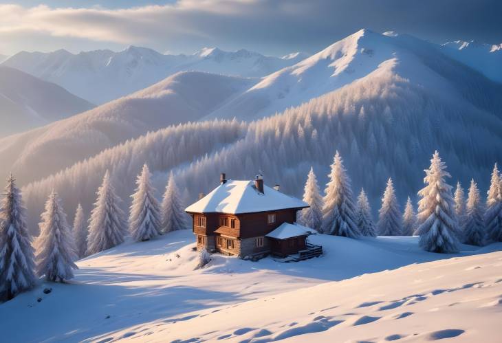 Dramatic Wintry Scene Sunlit Snowy House in the Carpathians, Ukraine  Fantastic Winter Landscape