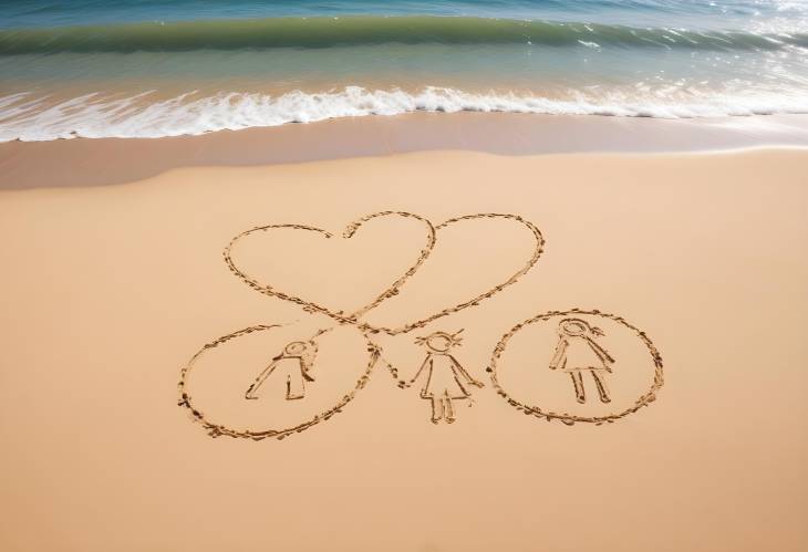 Drawing of Family on Sandy Beach with Blue Ocean and Soft Waves