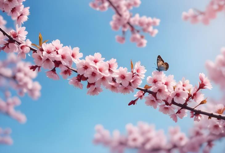 Dreamy Cherry Blossom Branches with Butterflies and Blue Sky