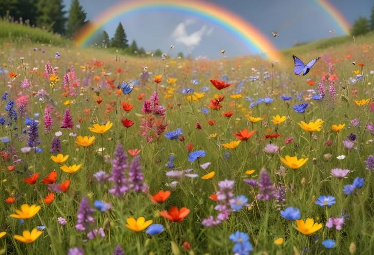 Dreamy Meadow of Wildflowers in Full Bloom with a Rainbow of Colors and Butterflies in Flight