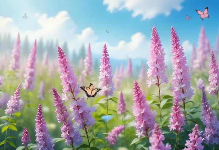 Dreamy Pink Lilac Flowers and Butterflies in Spring Meadow