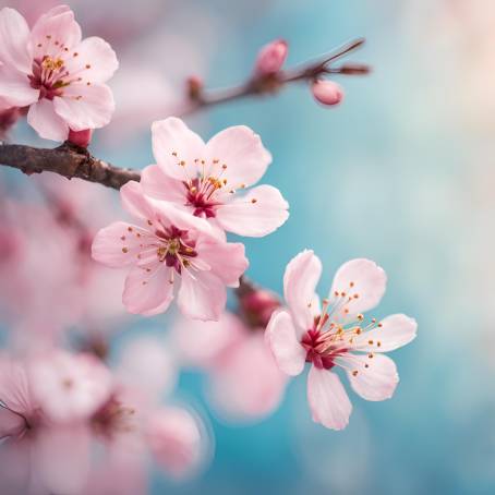 Dreamy Spring Background with Pink Cherry Blossoms on a Soft Blue and Pearl Pastel Canvas, Macro