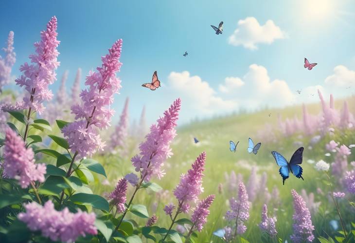 Dreamy Spring Meadow with Pink Lilac Flowers and Butterflies