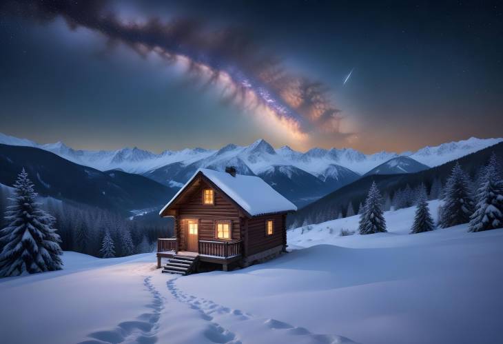 Dreamy Winter Scene Snowy Hut and Wooden House with Milky Way  Ideal Christmas Vacation Spot