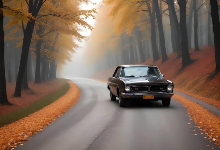 Driving Through Autumn A Black Car on a Road Covered with Golden Leaves