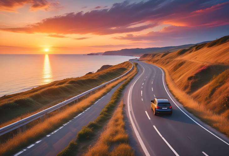 Driving Through Summer Sunset Coastal Highway and Beach Landscape in Europe