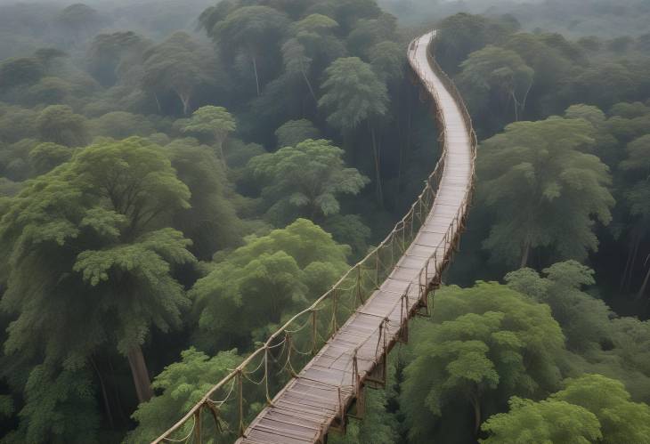 Drone Capture of Aerial Walkway in Ghanas Rainforest Pathway into the Distance