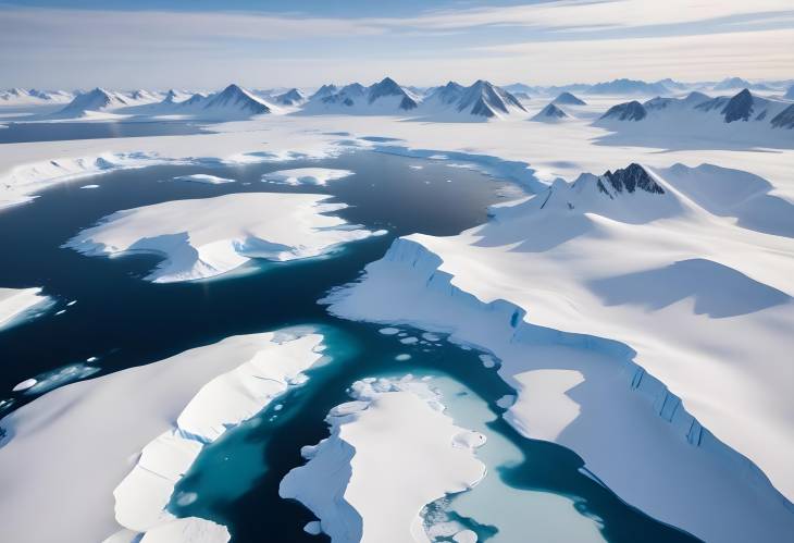 Drone Captures Arctic Snowy Mountains and Ice Ocean Winter Landscape and Climate Change