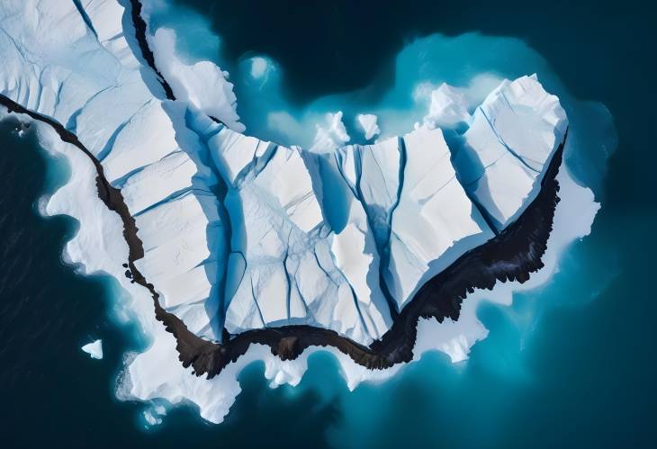 Drone High Angle View of Antarctic Iceberg and Blue Ocean Waves Melting Glacier in Ice Canyon