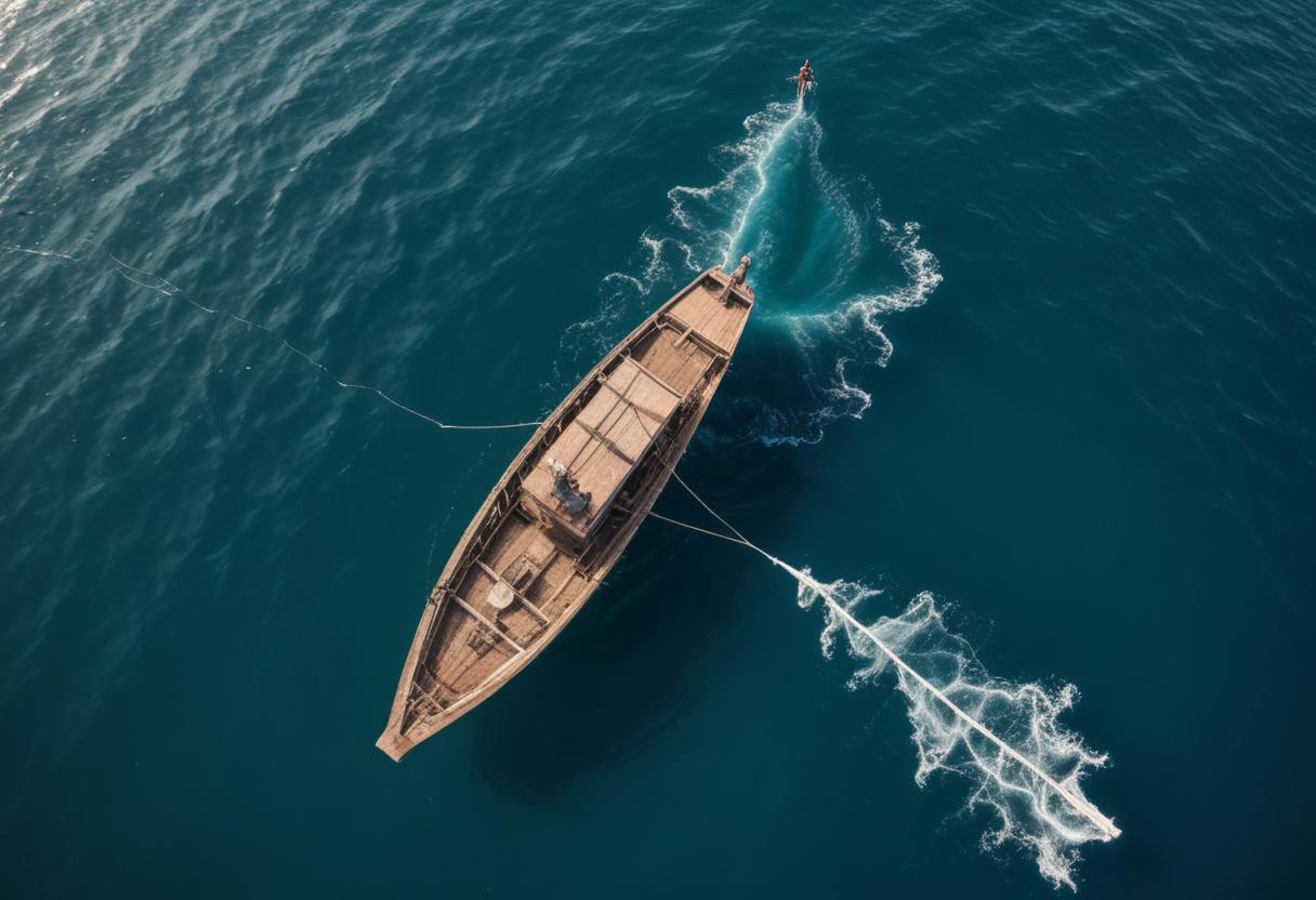 Drone View of Fisherman on Wooden Boat in Crystal Coral Sea Casting Net