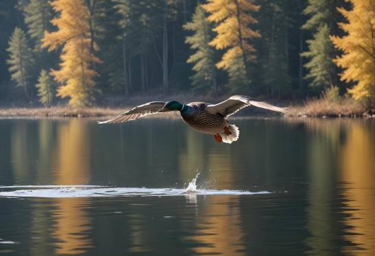 Duck in Flight Over the Smooth Surface of a Serene Lake