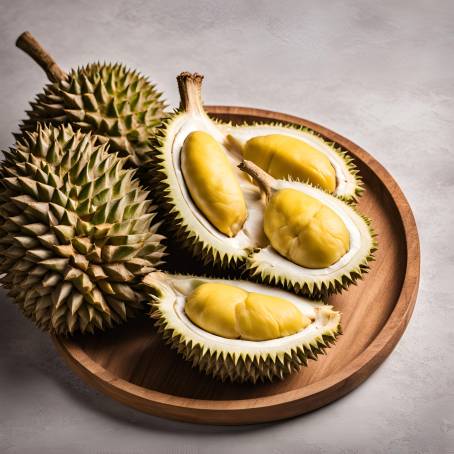 Durian Display on Wooden Plate with Studio White Backdrop