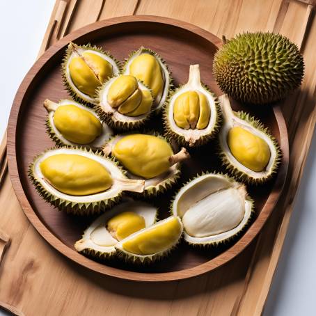 Durian Fruit Displayed on Wooden Plate Against White Studio Background