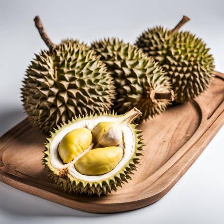 Durian Fruit on Wood Plate Elegant Studio Shot with White Background