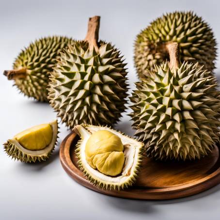 Durian on Wooden Dish Clean Studio Background with White Setting