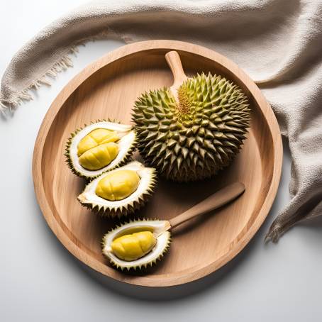 Durian on Wooden Plate Clean Studio Setting with White Background