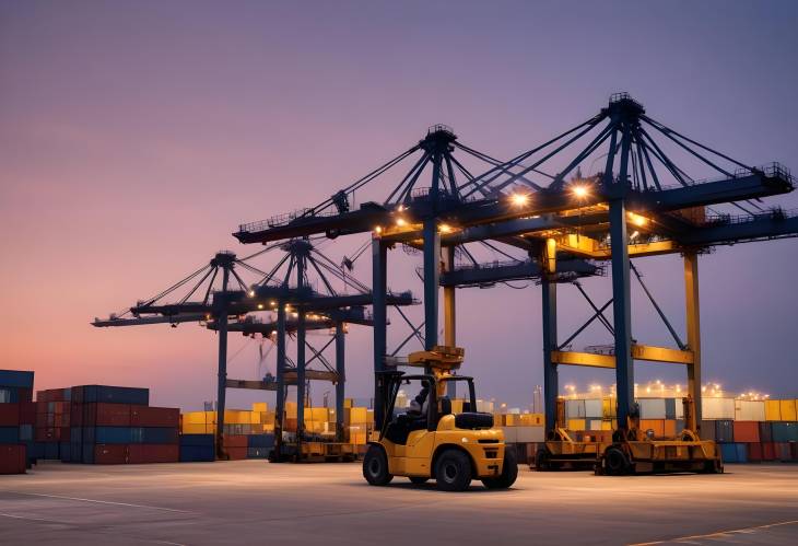 Dusk Operations at the Container Terminal Cranes and Forklifts Moving Cargo