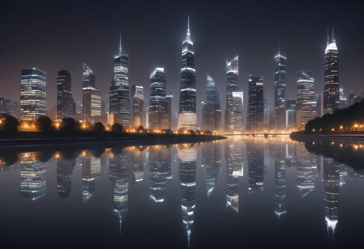 Dynamic City Skyline at Night with Skyscrapers Illuminated by Lights, Reflecting in a Calm River Bel