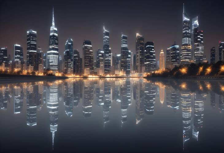 Dynamic City Skyline at Night with Skyscrapers Illuminated by Lights, Reflecting in a Calm River