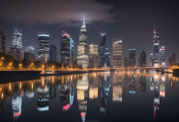 Dynamic City Skyline at Night with Skyscrapers Illuminated by Lights, Reflecting in a Calm River