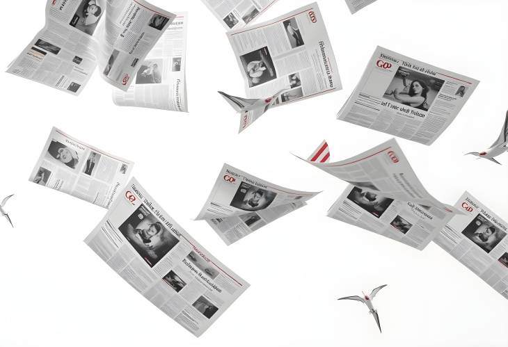 Dynamic flying newspapers on a white background, representing the continuous cycle of news media