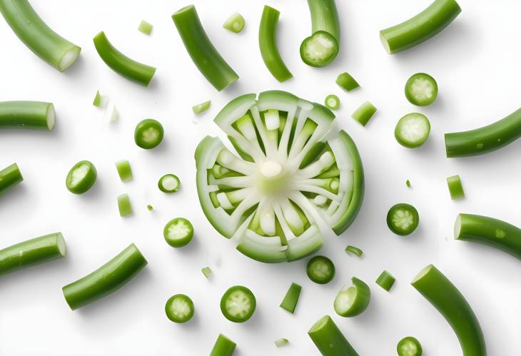 Dynamic Green Onion Falling on White Background, Freshly Cut and Ready for Cooking