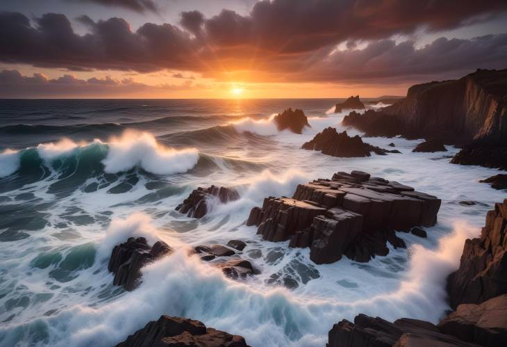 Dynamic Sunset Over Ocean with Powerful Waves Crashing on Jagged Rocks