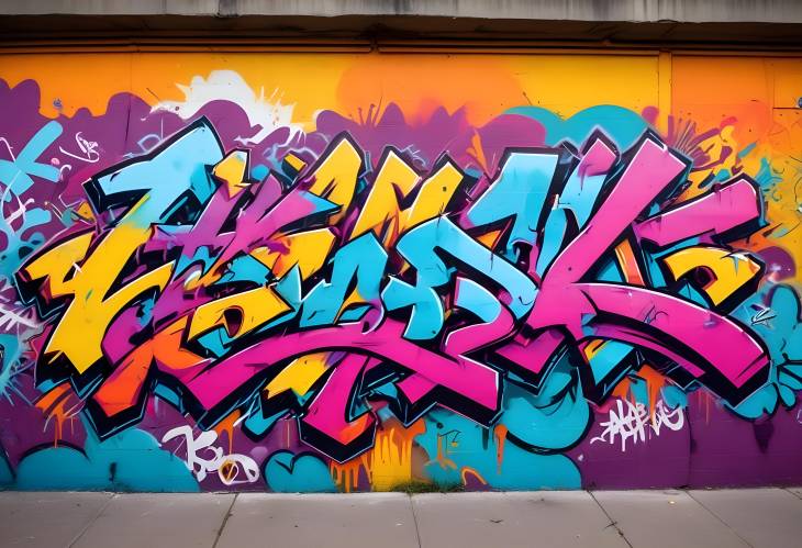 Dynamic Urban Graffiti Artwork Featuring Bold Colors and Abstract Patterns in a Vibrant Cityscape