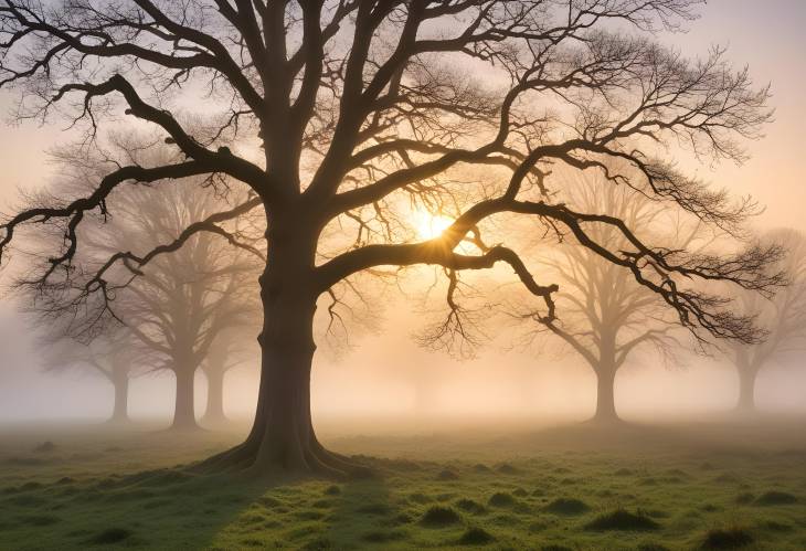 Early Morning Oak Tree in Foggy Grohberg Nature Reserve, Faulbach, Bavaria