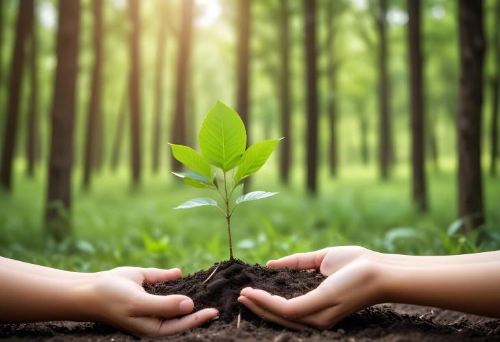 Earth Day Celebration Female Hand Holding Seedling with Green Bokeh Background  Forest Conservation