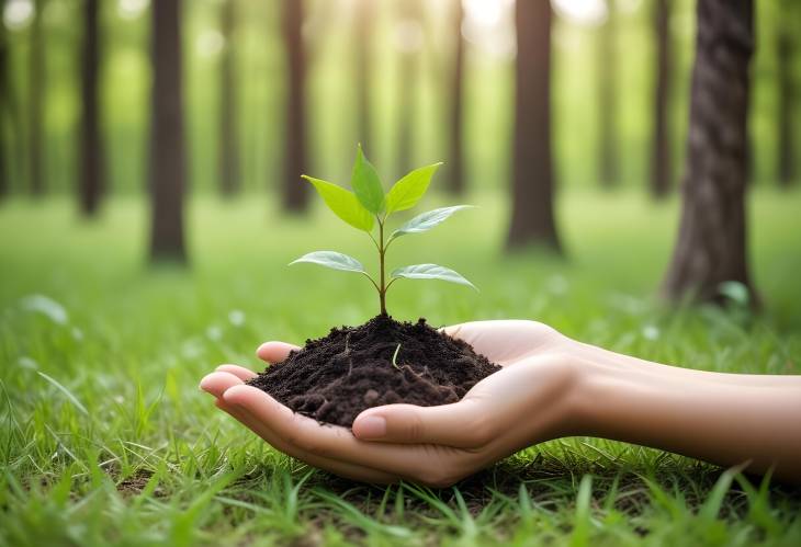 Earth Day Celebration Female Hand Holding Seedling with Green Bokeh Background  Forest Conservation