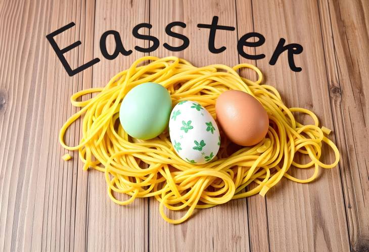 Easter Eggs Painted in Different Colors on Italian Pasta with Wooden Background and Inscription