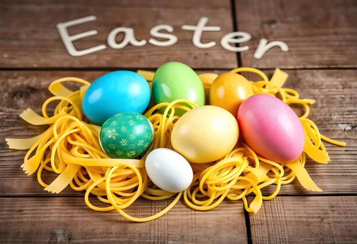 Easter Eggs Painted in Various Colors on Italian Pasta with Inscription on Wood