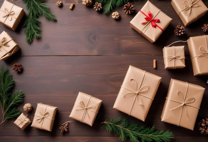 Eco Friendly Christmas Kraft Paper Wrapped Gifts on a Wooden Table