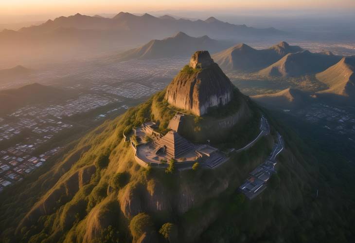 El Tepozteco Sunset Aerial View of PreHispanic Pyramid and Mystical Tepoztlan Hill