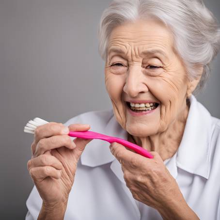 Elderly Woman Brush Cleaning Her Dentures, Showcasing a Detailed and Gentle Approach to Oral Hygiene