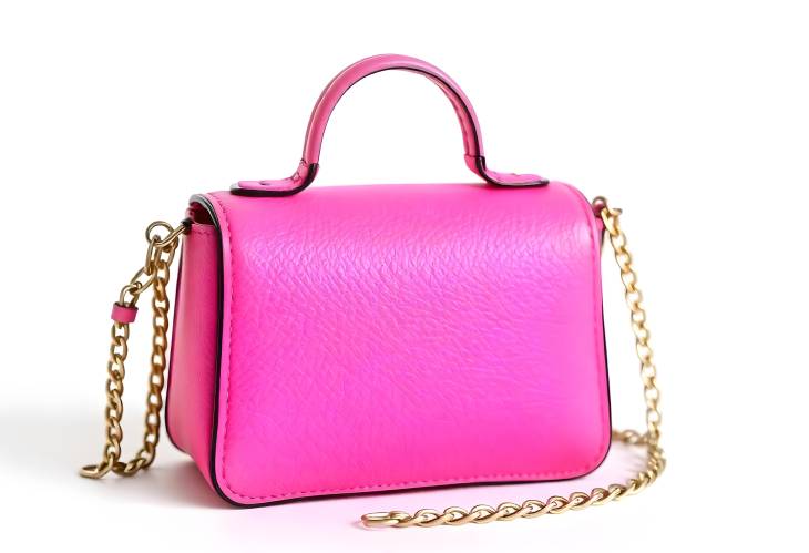 Electric Pink Leather Handbag with Chain Strap Miniature Women Elegant Accessory on White Background