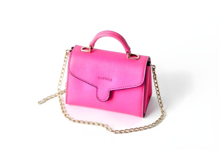 Electric Pink Leather Handbag with Chain Strap Miniature Women Elegant Accessory on White