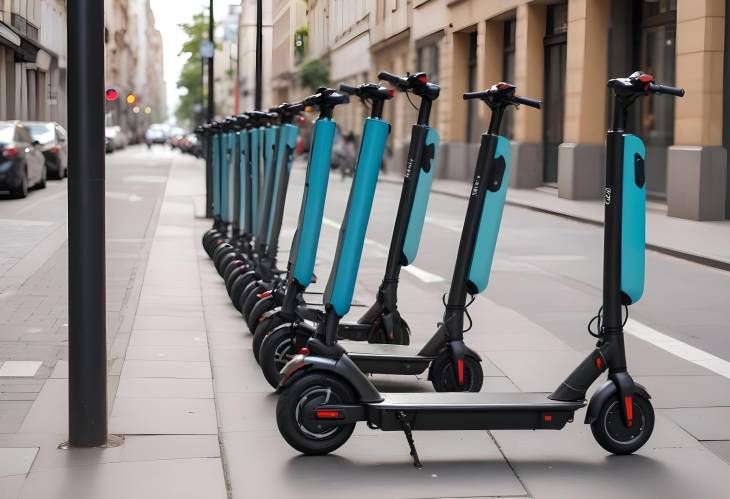 Electric Scooters at Rental Stand on City Street, Urban Mobility Solution, Sustainable Transport,