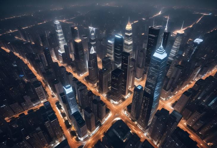 Electrifying Aerial View of a City at Night with Glowing Skyscrapers and Illuminated Streets