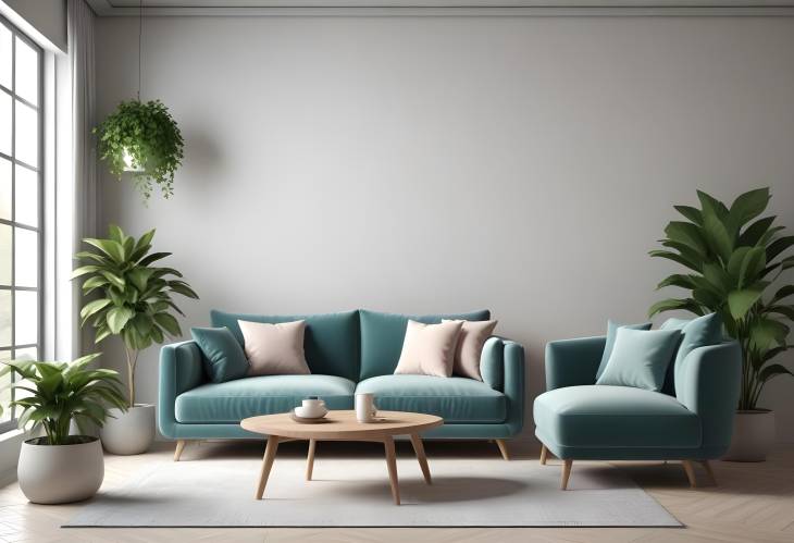 Elegant 3D Rendering of Interior Furniture Sofa and Plant in Modern Virtual Space