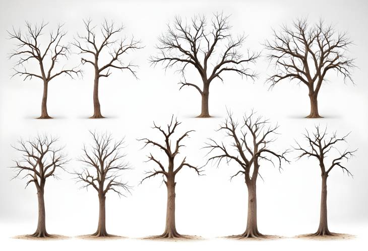 Elegant 6 Dry Trees Isolated Collection on White Background