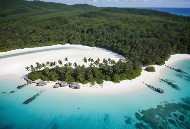 Elegant Aerial View of Tropical Island with Sandy Beaches, Crystal Clear Waters, and Palms