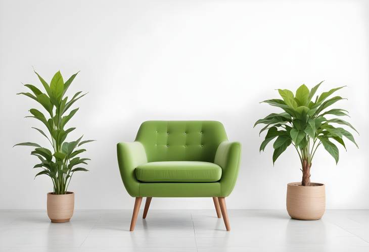 Elegant and Comfortable Green Armchair with Potted Plant Isolated on White