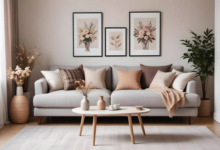 Elegant and Cozy Living Room Design Modern Sofa, Coffee Table, Dried Flowers, and MockUp Poster