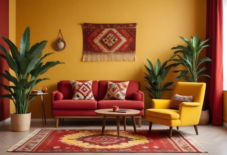 Elegant and Cozy Living Room with Kilim Rug, Red Armchair, and Wooden Sideboard  Home Decor Ideas