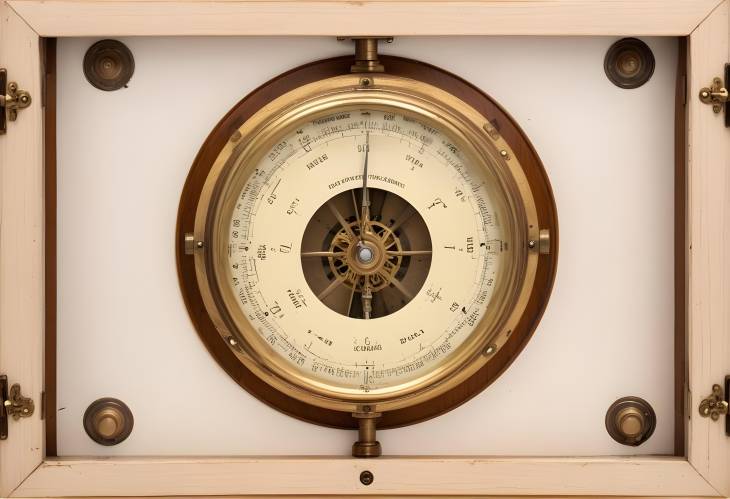 Elegant Antique Barometer in Wooden Case with Yellow Metal Mechanism, Isolated on White Background