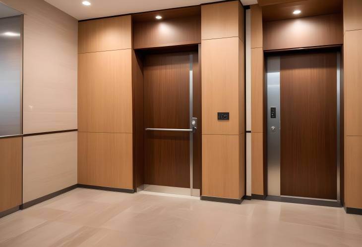 Elegant apartment building lobby with elevator and wooden decor