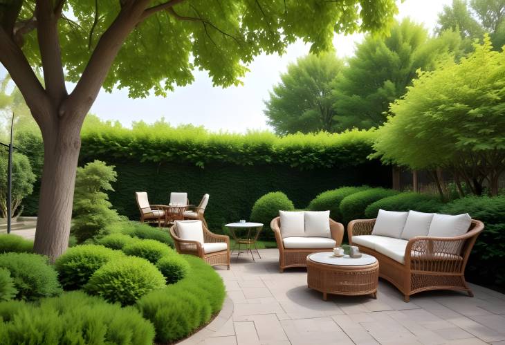 Elegant Backyard with Wicker Garden Furniture Surrounded by Green Trees and Lush Plants