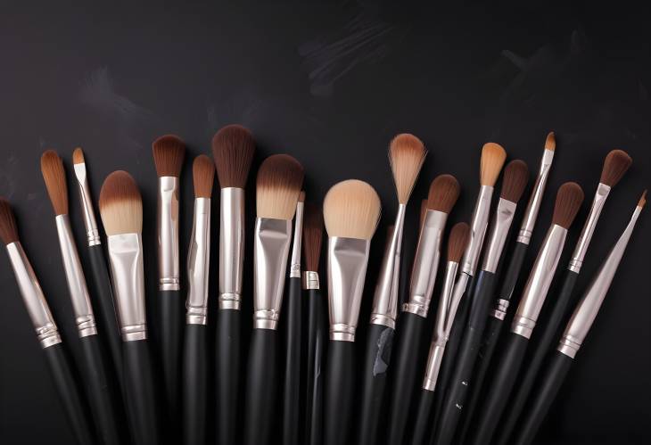 Elegant Beauty Set Soft Makeup Brushes and Mascara on Classic Black Background